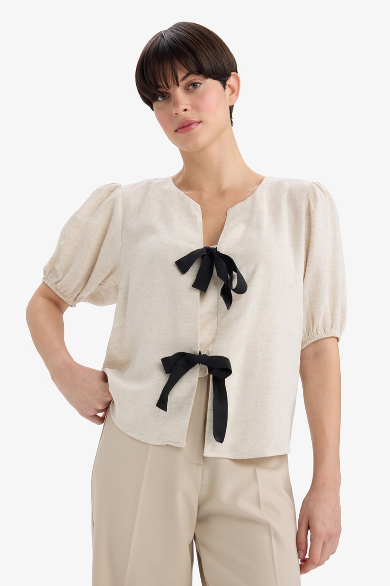 DeFacto Beige Woman Regular Fit Crew Neck Linen Blend Blouse Casual - Image 4